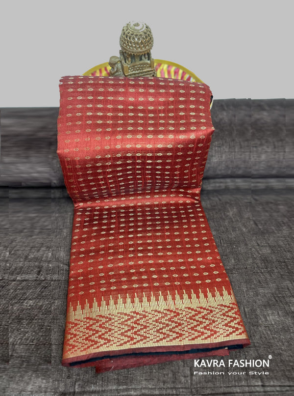 Semi Raw Silk Maroon Handloom Saree with all over Khapa dots and khapa temple border